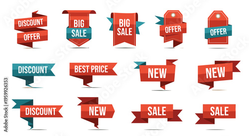 Collection of various red and teal promotional labels for big sales best prices and special discount offers in a modern flat design.