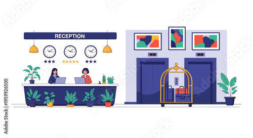 Modern hotel lobby reception desk with two female staff members working on laptops and two elevators with a luggage cart nearby.