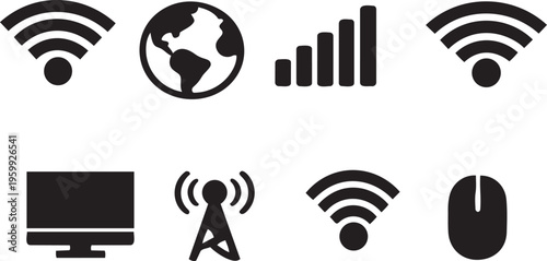 Wireless and Technology Icon Set: Illustrating the digital realm, a comprehensive set of icons representing connectivity, signal strength, global networks, and essential tech tools.