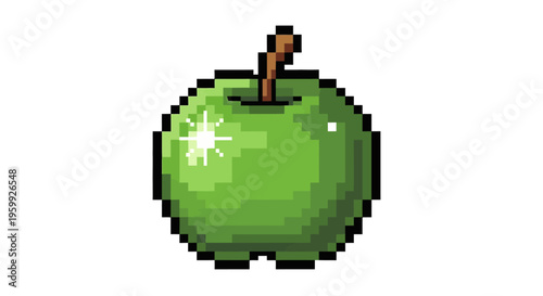 Pixel Art Green Apple Icon with Stem.