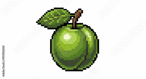 Pixel Art Green Apple with Leaf and Stem.