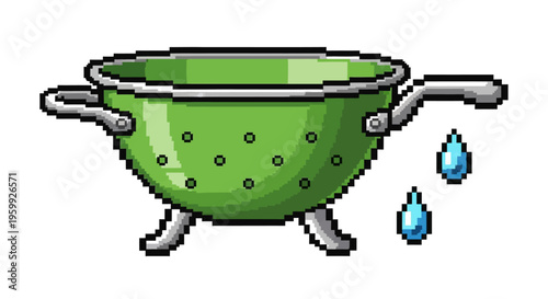 Pixel Art Green Colander Draining Water.