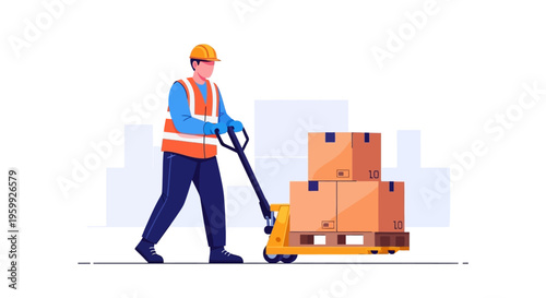 Warehouse worker moving boxes with pallet jack.