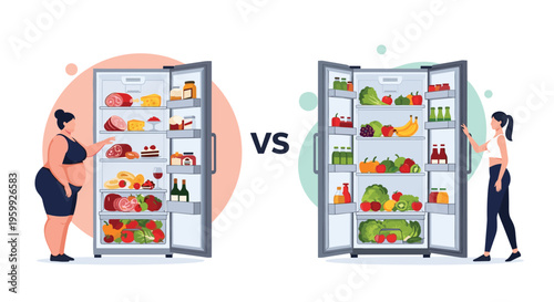 Comparison illustration showing an overweight woman with junk food in a fridge versus a fit woman with a healthy fridge full of vegetables.