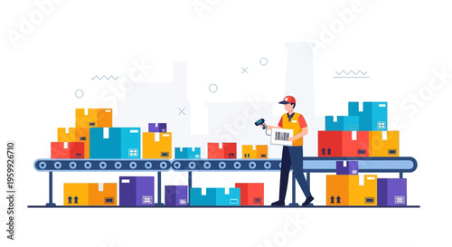 Warehouse worker scanning packages on a conveyor belt.