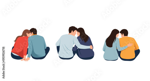 Three diverse couples sitting on the ground showing various forms of affection and support like leaning on shoulders or holding hands.