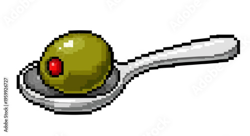 Pixel Art Green Olive on Spoon.