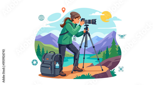 Woman photographer capturing nature with professional camera equipment.