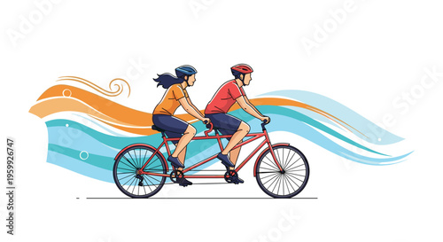 Happy couple wearing helmets riding a red tandem bicycle along a path with colorful abstract wind or waves in the background.