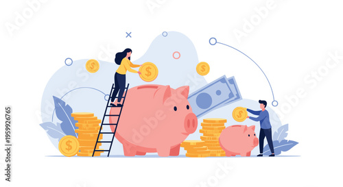 Man and woman working together to save gold coins in a large pink piggy bank symbolizing financial planning and investment.