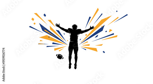 Silhouette of an American football player celebrating a victory with arms outstretched amidst an explosion of blue and yellow abstract shapes.