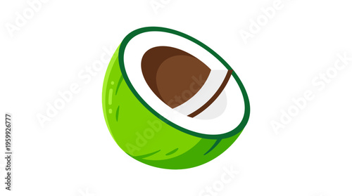 Vibrant Green Coconut Halved Showing White Flesh and Brown Nut.