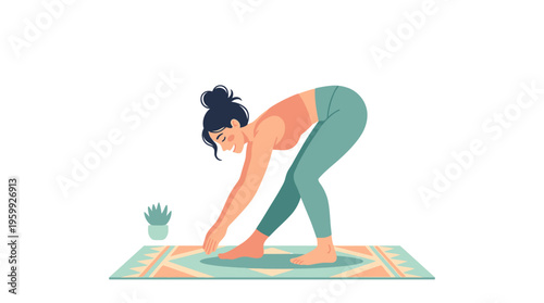 Woman practicing yoga stretching on mat indoors.