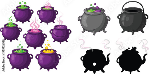 Witch Cauldron Vector Set with Magic Potion Pots, Boiling Brew Effects and Halloween Fantasy Illustration Collection