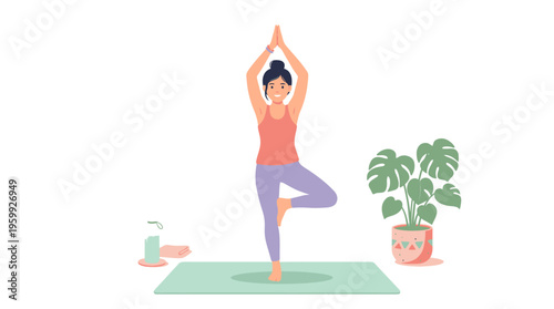 Woman practicing yoga tree pose on mat.