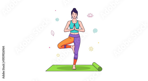Woman Practicing Yoga Tree Pose on Mat.