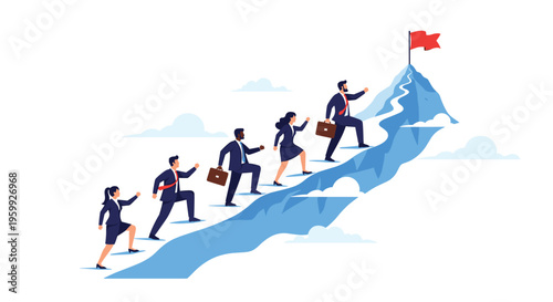 Group of professional business people climbing a mountain path together to reach a red flag representing their corporate goal and success.