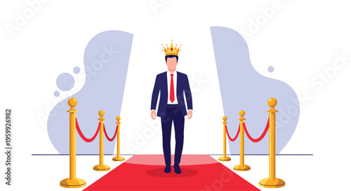 Successful businessman wearing a golden crown walking confidently down a red carpet between gold stanchions and velvet ropes.