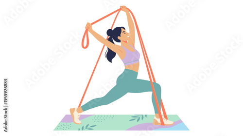 Woman practicing yoga with resistance band for strength training.