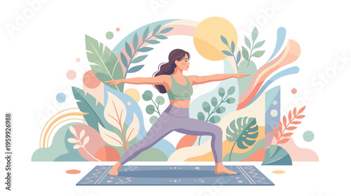 Woman practicing yoga warrior pose outdoors serene setting.