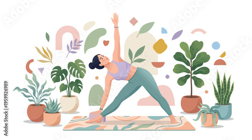 Woman practicing yoga triangle pose with plants.