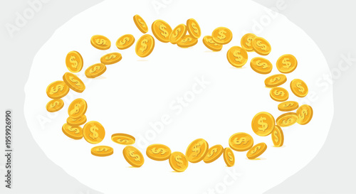 Large number of shiny gold coins with dollar signs falling and swirling in a circular motion around a white empty space in the center.