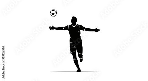 Black silhouette of a soccer player celebrating a goal with arms outstretched and a football in the air, isolated on a white background.