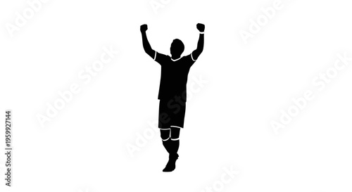 Black silhouette of a person raising arms in celebration or victory, isolated on a clean white background.
