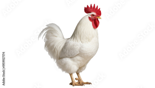 Fotografie Vibrant white farm rooster with striking red comb and wattles standing proud and