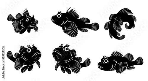 Set of Six Black Silhouette Illustrations of a Small Fish with Big Eyes
