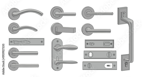 Large set of various modern and classic metal door handles including levers knobs and pull handles in a light gray metallic finish.