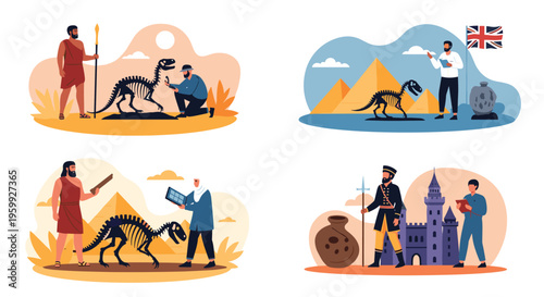 Collection of scenes showing archeologists discovering dinosaur fossils alongside ancient people in historical and desert settings.
