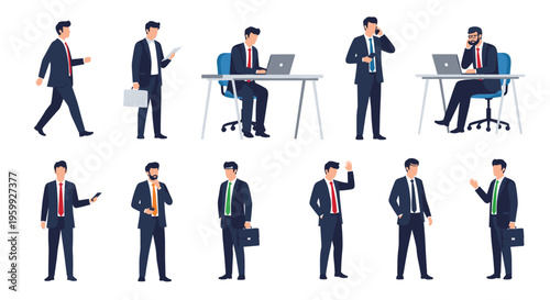 Set of professional businessmen in suits engaged in various activities like walking using a laptop talking on the phone and thinking.