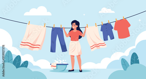 Young woman hanging freshly washed clothes on a long clothesline in a sunny outdoor setting with white fluffy clouds in the sky.
