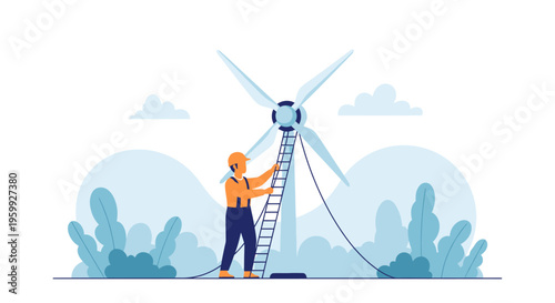 Wind Turbine Technician Climbs Ladder to Repair Turbine.