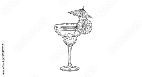 Classic margarita cocktail served in a glass with ice cubes, a lime slice garnish, and a paper umbrella in a hand drawn engraving style.