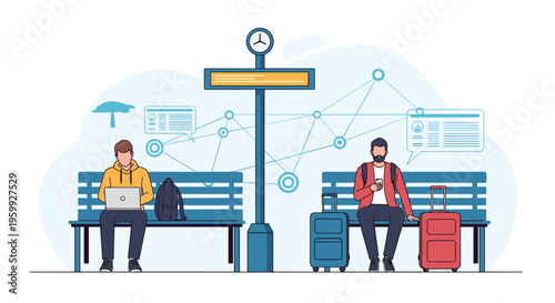 Travelers waiting for transport at a train or bus station while using a laptop and smartphone with a digital connection network in the background.