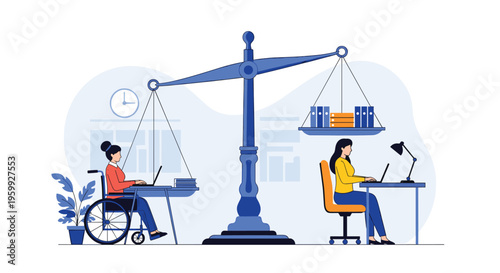 Concept of work-life balance or legal equality showing two women working at desks balanced on large scales of justice in a modern office setting.