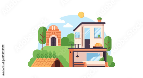 Modern Flat Design House and Landscape Illustration with Traditional Outbuilding and Sunny Sky