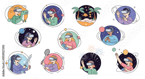 Collection of diverse people wearing virtual reality headsets experiencing different simulated environments like space, underwater, and prehistoric worlds.