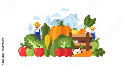 Farm Fresh Harvest: Happy Farmers with Abundant Organic Fruits and Vegetables near a Rural Farmhouse. Flat Vector Illustration
