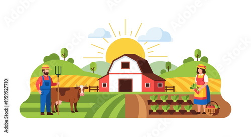 Sustainable Farm Life Illustration with Farmers, Barn, Cow, and Fresh Vegetable Harvest