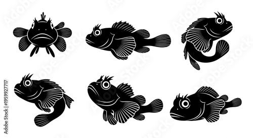 Set of six black silhouettes of a sculpin fish in different poses on a white background
