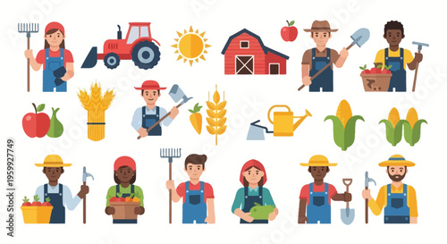 Diverse Farmers, Agriculture & Farm Elements Icons Set. Flat vector illustrations of rural life, harvest, food production, gardening, tools, and crops.