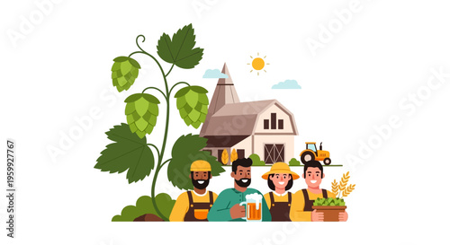 Diverse Farmers and Brewers with Hops and Beer at Rustic Farm: Craft Brewing & Agriculture Concept