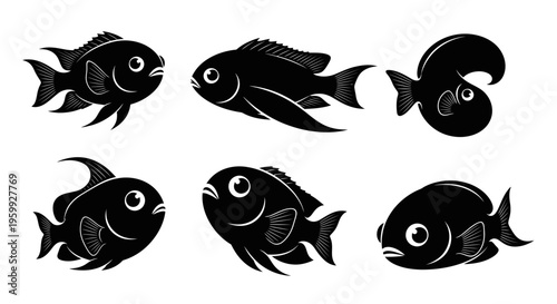 Set of Six Black Silhouettes of Cute Cartoon Fish with White Outline on White Background
