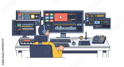 Video Editor Working on Multiple Monitors Setup.