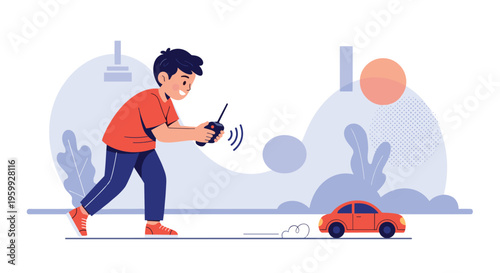 Young boy in a red shirt and blue pants joyfully playing with a remote controlled car on a blue abstract background with plant shapes.