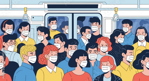 Crowd of diverse people wearing medical face masks inside a subway train car for safety and health protection during a public health emergency.