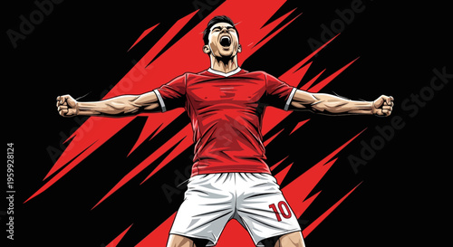 Dynamic illustration of a triumphant soccer player in a red jersey celebrating a victory with arms wide open against a striking black and red background.